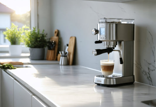 Espumador café portátil preparando un cappuccino cremoso en una cocina moderna y luminosa